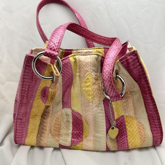 Women Tosca Blu Handbag Purse Snakeskin Pattern Leather Pink Yellow 11"x8" - Picture 1 of 11